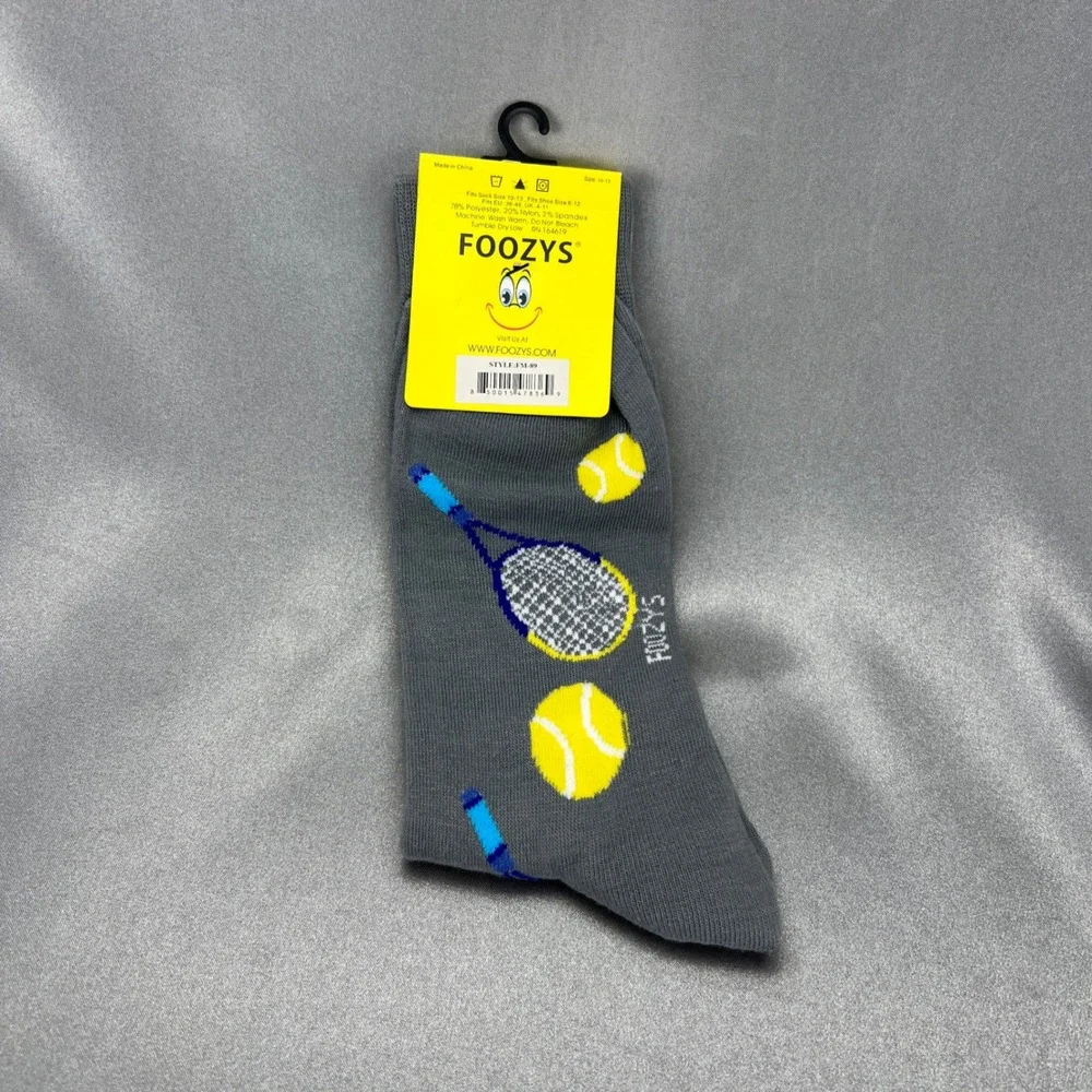 Foozys Unisex Tennis Racquet and Ball Crew Socks Gray Novelty Sports Gifts NWT